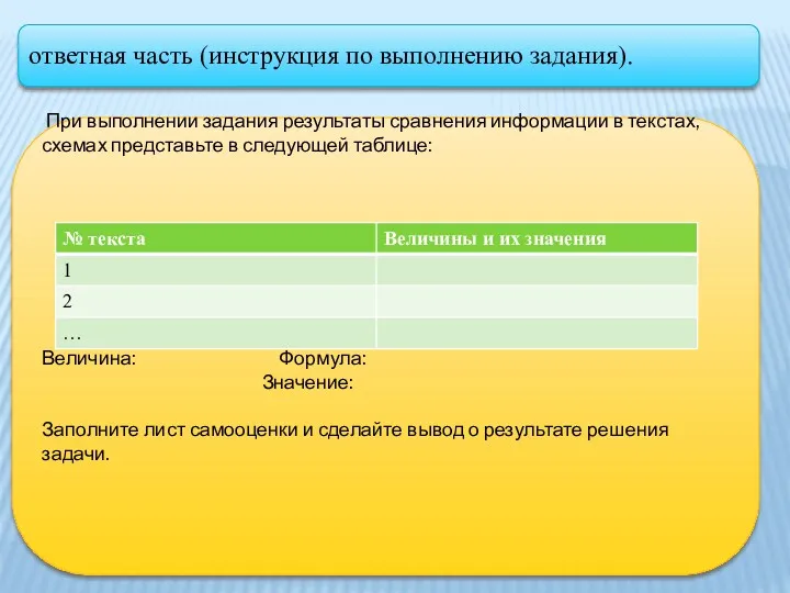 ответная часть (инструкция по выполнению задания). При выполнении задания результаты