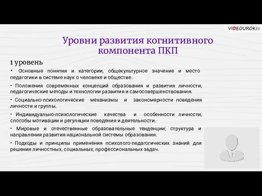 Уровни развития когнитивного компонента ПКП 1 уровень • Основные понятия