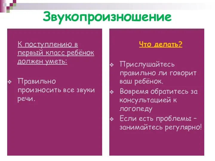 Звукопроизношение К поступлению в первый класс ребёнок должен уметь: Правильно