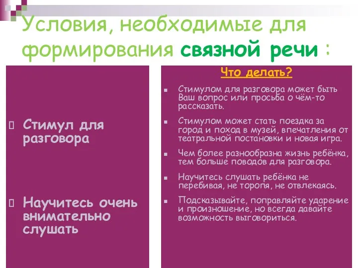 Условия, необходимые для формирования связной речи : Стимул для разговора