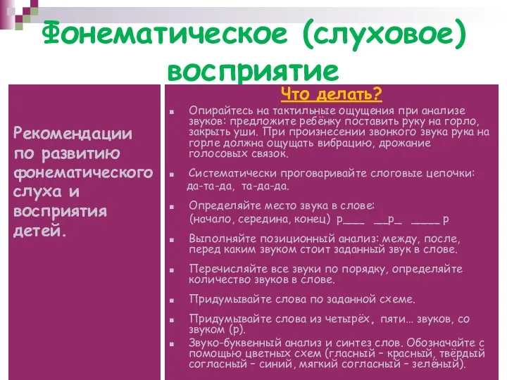 Фонематическое (слуховое) восприятие Рекомендации по развитию фонематического слуха и восприятия