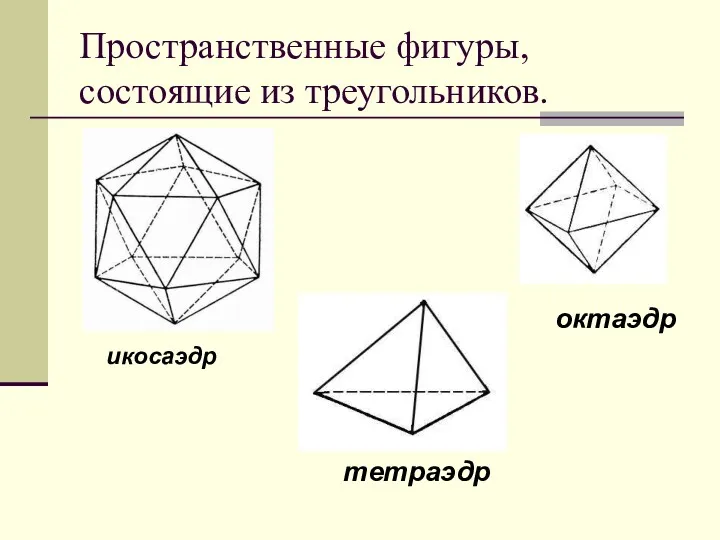 Пространственные фигуры, состоящие из треугольников. икосаэдр октаэдр тетраэдр