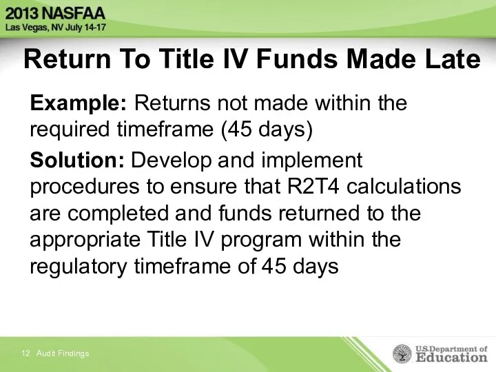 Return To Title IV Funds Made Late Example: Returns not