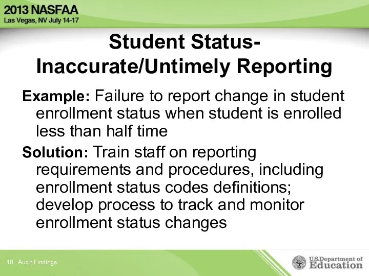 Student Status- Inaccurate/Untimely Reporting Example: Failure to report change in