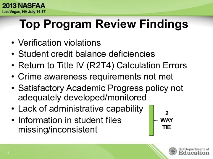 Top Program Review Findings Verification violations Student credit balance deficiencies