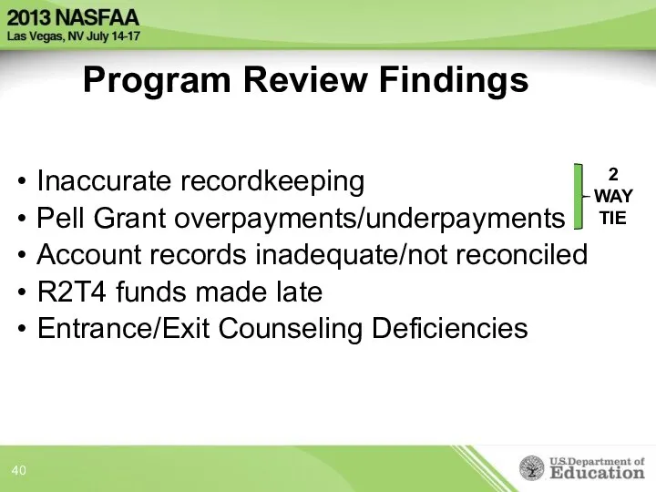 Program Review Findings Inaccurate recordkeeping Pell Grant overpayments/underpayments Account records