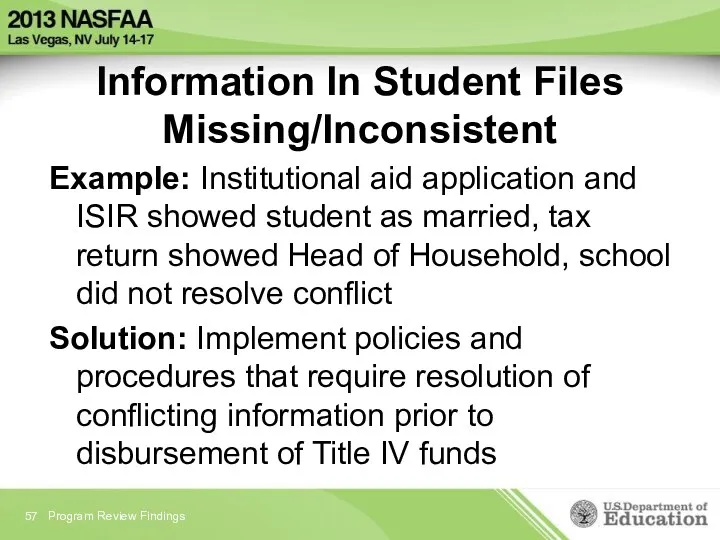 Information In Student Files Missing/Inconsistent Example: Institutional aid application and