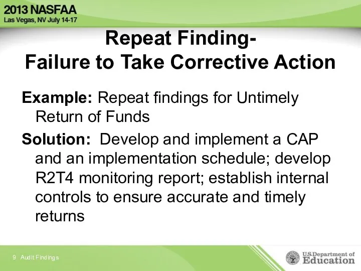 Repeat Finding- Failure to Take Corrective Action Example: Repeat findings