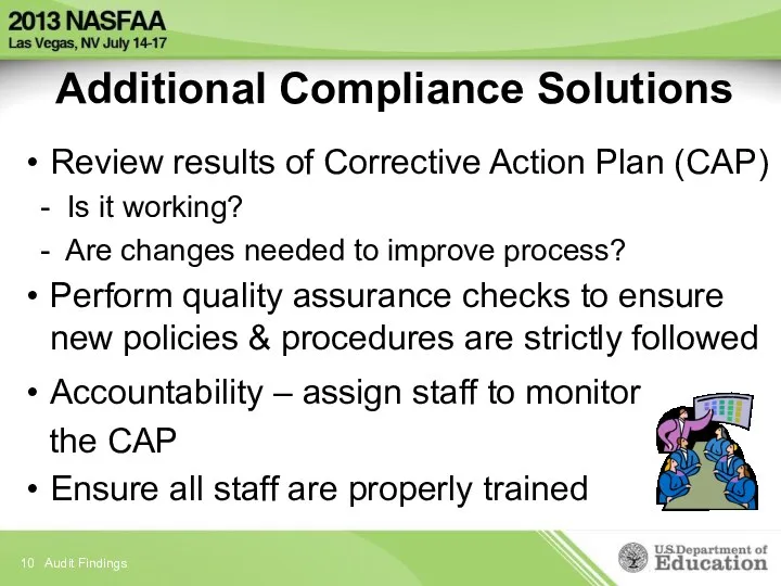 Additional Compliance Solutions Review results of Corrective Action Plan (CAP)