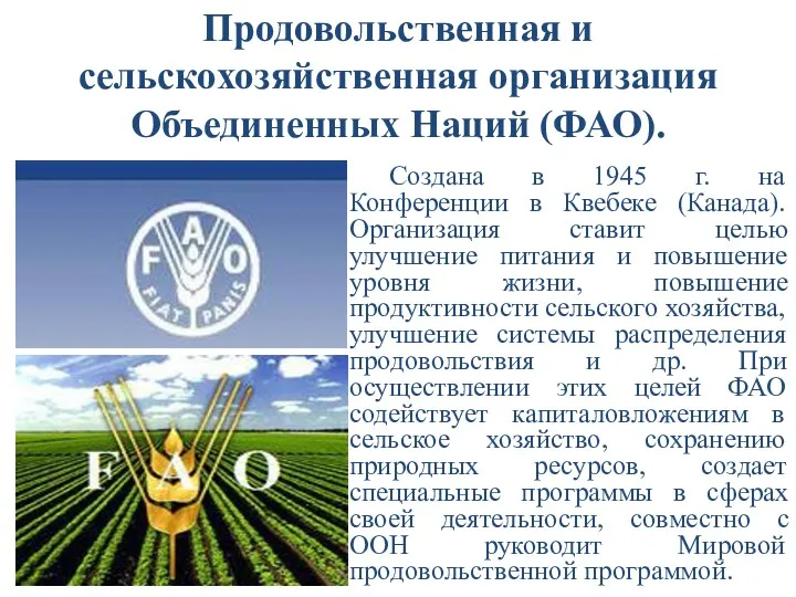 Продовольственная и сельскохозяйственная организация Объединенных Наций (ФАО). Создана в 1945 г. на Конференции