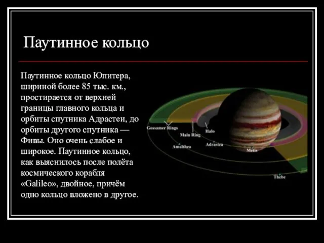 Паутинное кольцо Юпитера, шириной более 85 тыс. км., простирается от