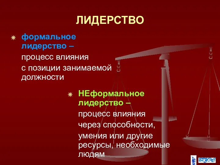 ЛИДЕРСТВО формальное лидерство – процесс влияния с позиции занимаемой должности