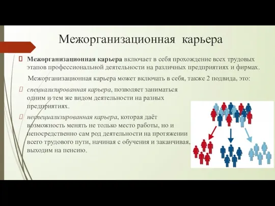 Межорганизационная карьера Межорганизационная карьера включает в себя прохождение всех трудовых