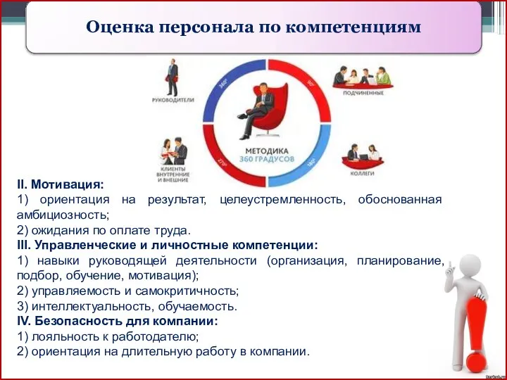 Оценка персонала по компетенциям II. Мотивация: 1) ориентация на результат, целеустремленность, обоснованная амбициозность;