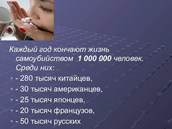 Каждый год кончают жизнь самоубийством 1 000 000 человек. Среди