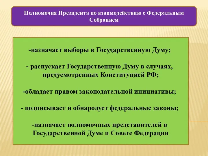 Полномочия Президента по взаимодействию с Федеральным Собранием назначает выборы в