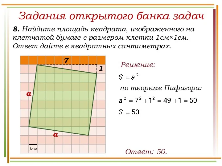 Задания открытого банка задач 8. Найдите площадь квадрата, изображенного на