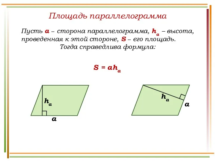 Площадь параллелограмма Пусть а − сторона параллелограмма, hа – высота,
