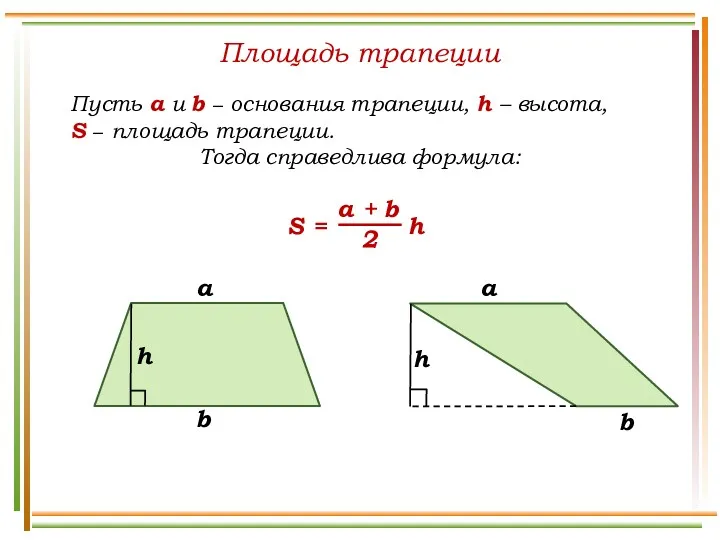 Площадь трапеции Пусть а и b − основания трапеции, h