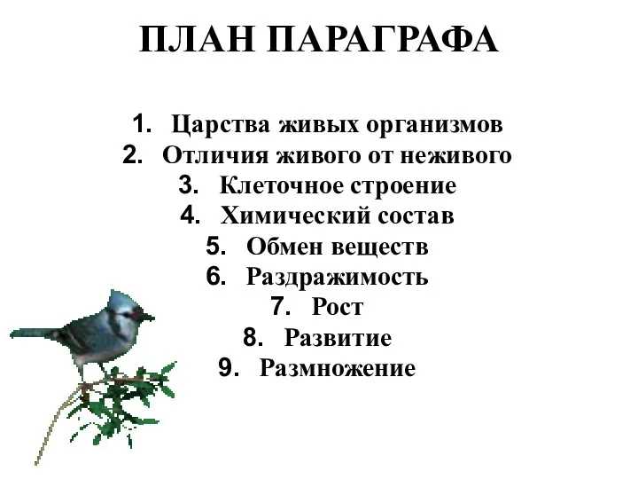 ПЛАН ПАРАГРАФА Царства живых организмов Отличия живого от неживого Клеточное