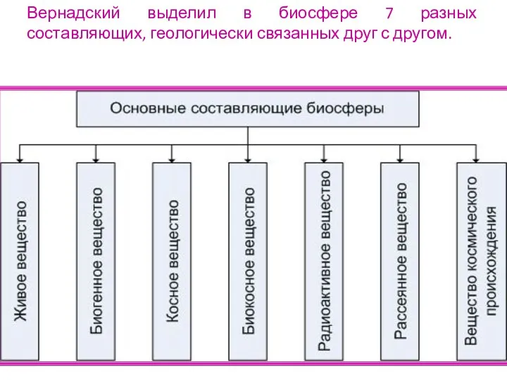 Вернадский выделил в биосфере 7 разных составляющих, геологически связанных друг с другом.