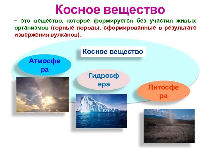 Косное вещество – это вещество, которое формируется без участия живых организмов (горные породы,