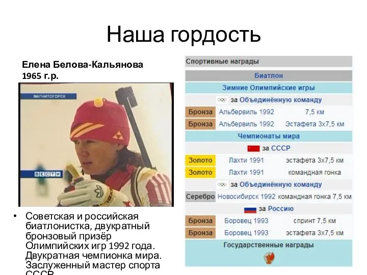 Наша гордость Елена Белова-Кальянова 1965 г.р. Советская и российская биатлонистка,