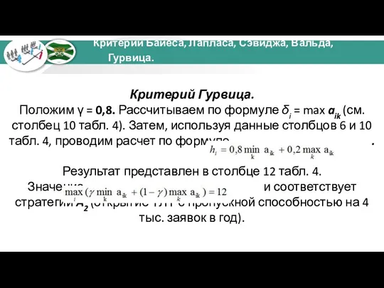 Критерий Гурвица. Положим γ = 0,8. Рассчитываем по формуле δi