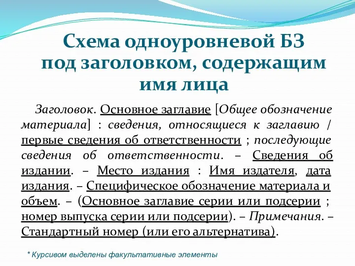 Схема одноуровневой БЗ под заголовком, содержащим имя лица Заголовок. Основное