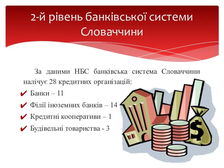 За даними НБС банківська система Словаччини налічує 28 кредитних організацій: