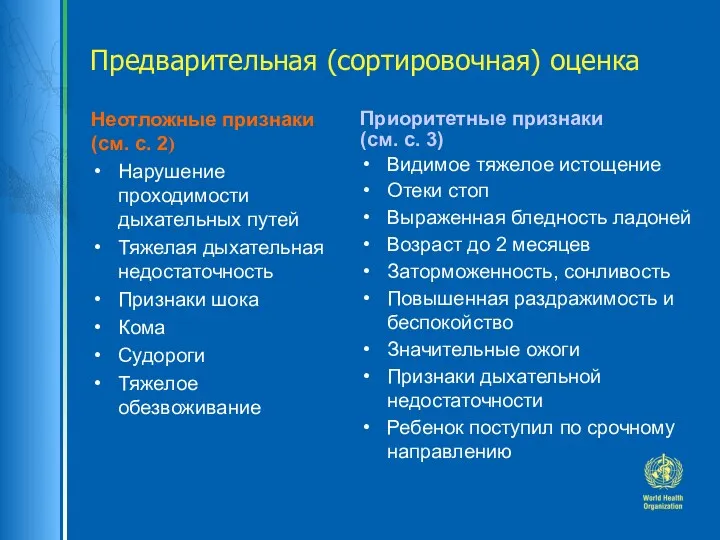 Предварительная (сортировочная) оценка Неотложные признаки (см. с. 2) Нарушение проходимости