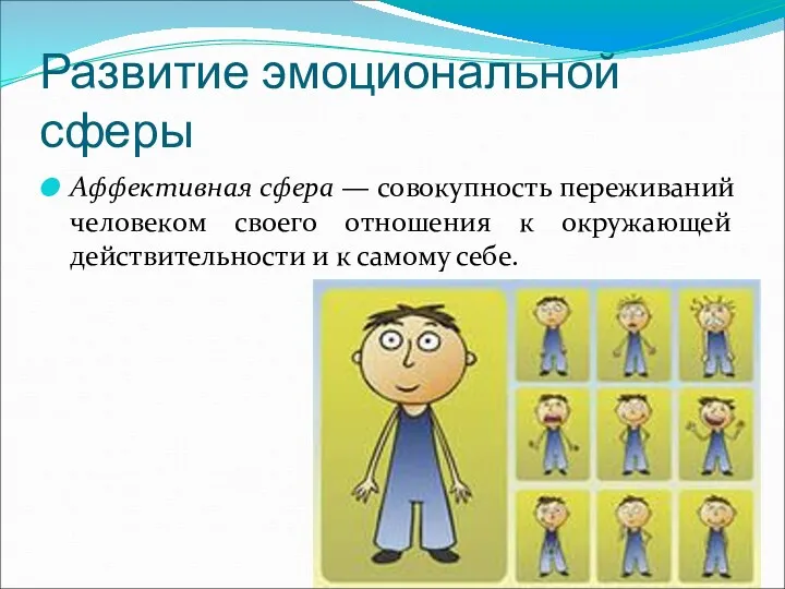 Развитие эмоциональной сферы Аффективная сфера — совокупность переживаний человеком своего