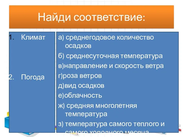 Найди соответствие: Климат Погода а) среднегодовое количество осадков б) среднесуточная