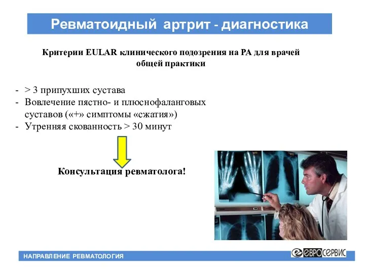 Ревматоидный артрит - диагностика НАПРАВЛЕНИЕ РЕВМАТОЛОГИЯ Критерии EULAR клинического подозрения