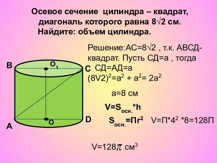 Осевое сечение цилиндра – квадрат, диагональ которого равна 8√2 см.