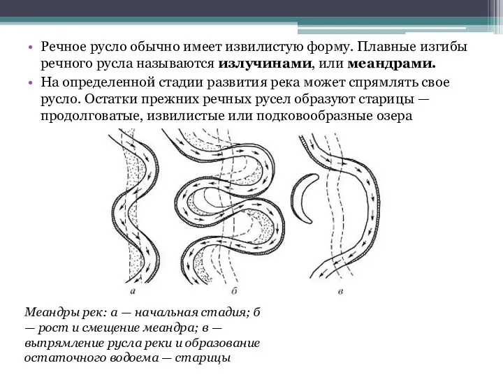 Речное русло обычно имеет извилистую форму. Плавные изгибы речного русла