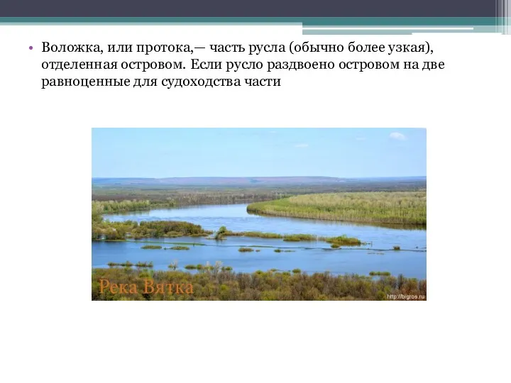 Воложка, или протока,— часть русла (обычно более узкая), отделенная островом.