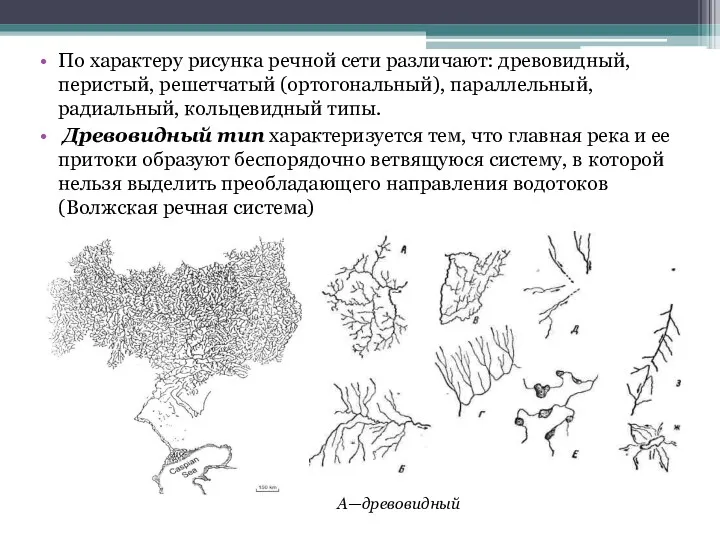 По характеру рисунка речной сети различают: древовидный, перистый, решетчатый (ортогональный),