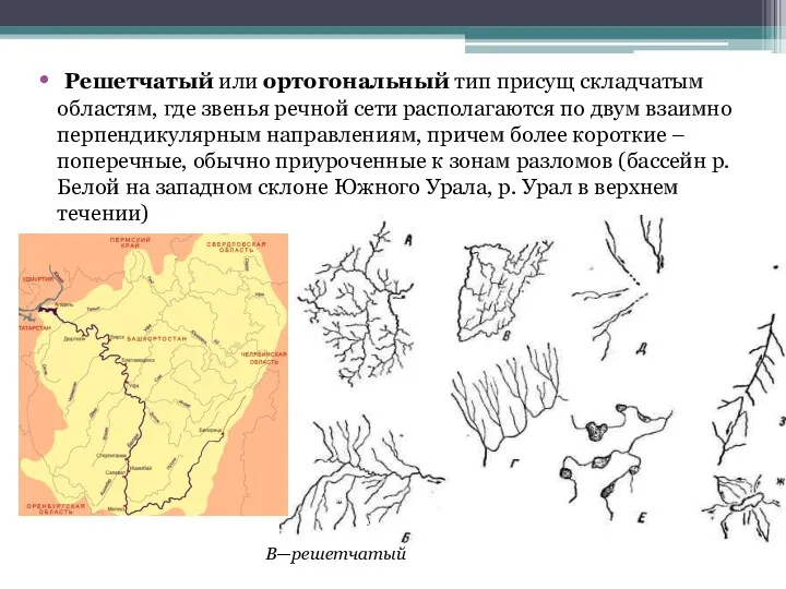 Решетчатый или ортогональный тип присущ складчатым областям, где звенья речной