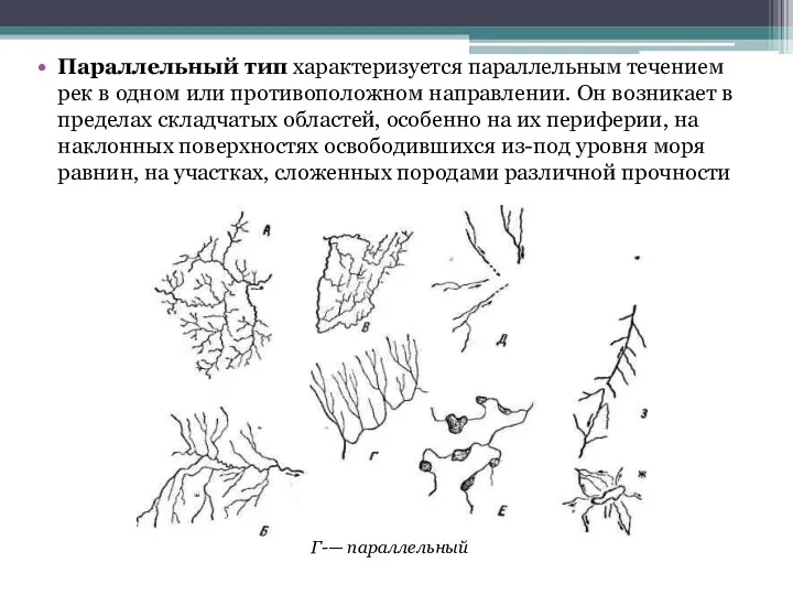 Параллельный тип характеризуется параллельным течением рек в одном или противоположном