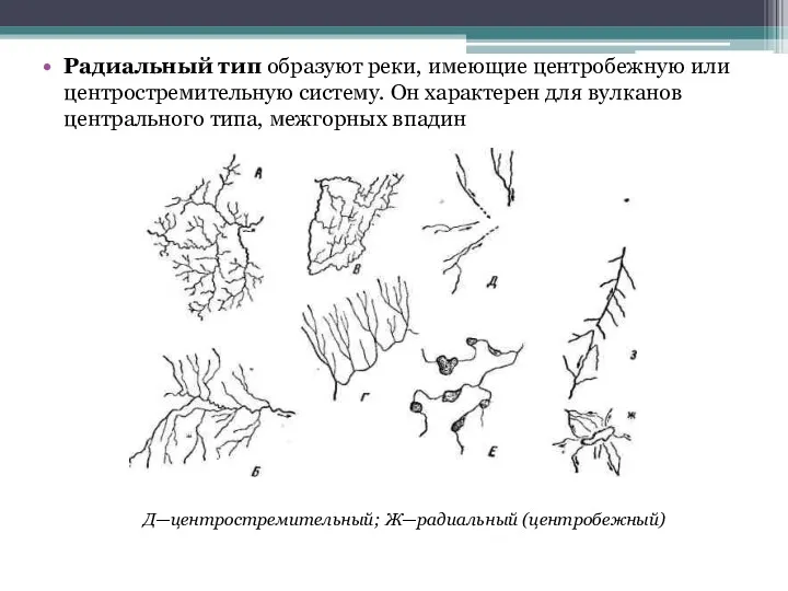 Радиальный тип образуют реки, имеющие центробежную или центростремительную систему. Он