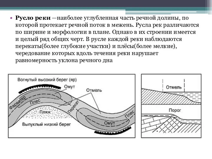 Русло реки —наиболее углубленная часть речной долины, по которой протекает