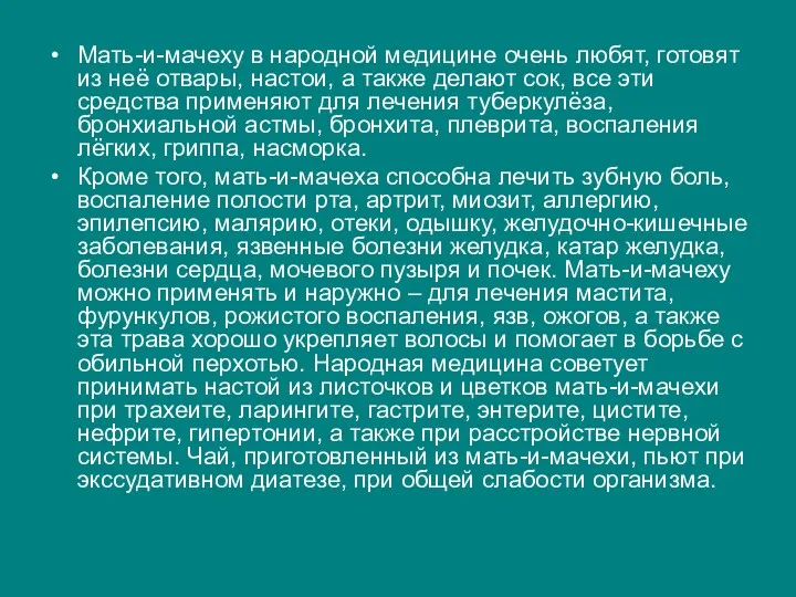 Мать-и-мачеху в народной медицине очень любят, готовят из неё отвары,