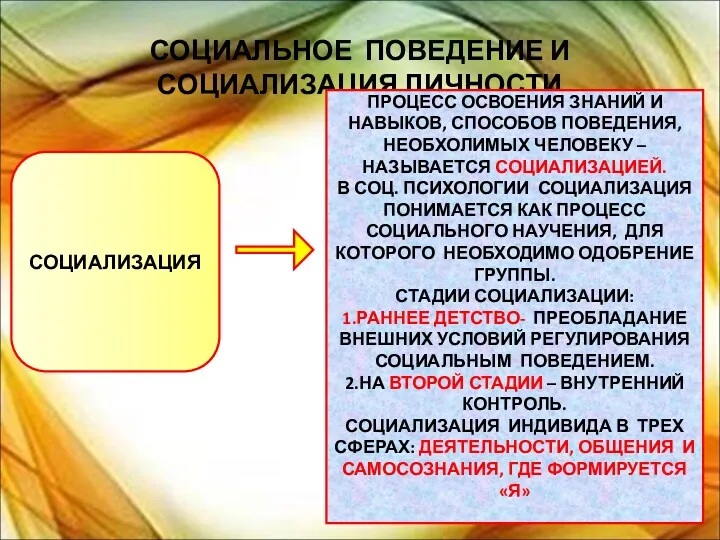 СОЦИАЛЬНОЕ ПОВЕДЕНИЕ И СОЦИАЛИЗАЦИЯ ЛИЧНОСТИ СОЦИАЛИЗАЦИЯ ПРОЦЕСС ОСВОЕНИЯ ЗНАНИЙ И