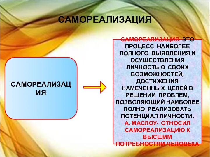 САМОРЕАЛИЗАЦИЯ САМОРЕАЛИЗАЦИЯ САМОРЕАЛИЗАЦИЯ ЭТО ПРОЦЕСС НАИБОЛЕЕ ПОЛНОГО ВЫЯВЛЕНИЯ И ОСУЩЕСТВЛЕНИЯ