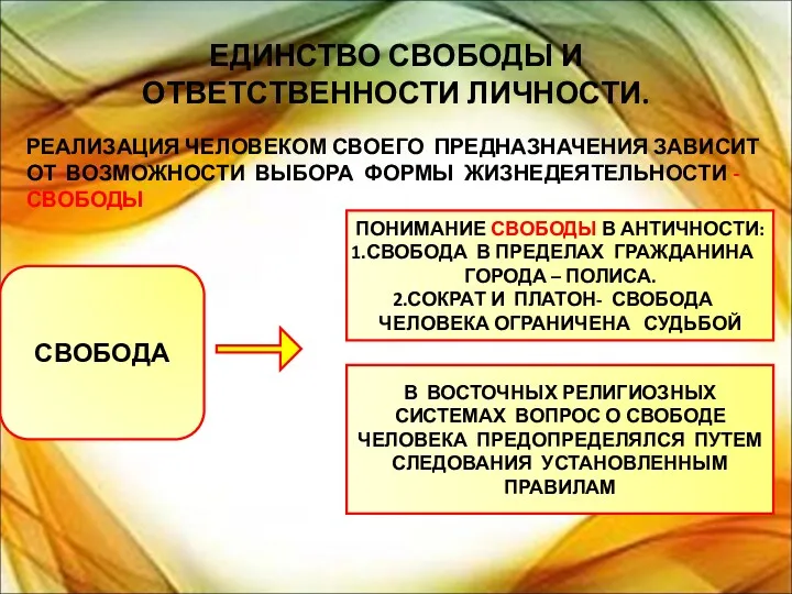 ЕДИНСТВО СВОБОДЫ И ОТВЕТСТВЕННОСТИ ЛИЧНОСТИ. РЕАЛИЗАЦИЯ ЧЕЛОВЕКОМ СВОЕГО ПРЕДНАЗНАЧЕНИЯ ЗАВИСИТ