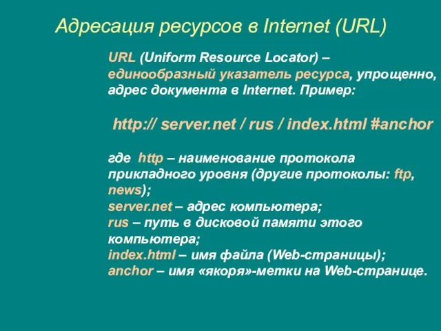 Адресация ресурсов в Internet (URL) URL (Uniform Resource Locator) –