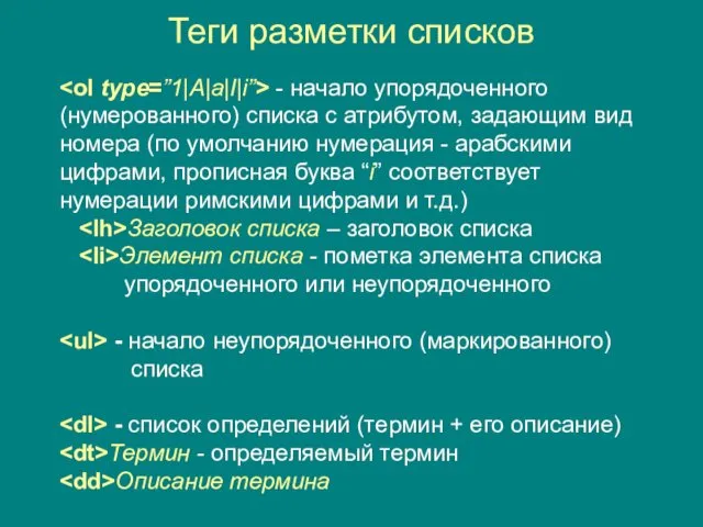 Теги разметки списков - начало упорядоченного (нумерованного) списка с атрибутом,