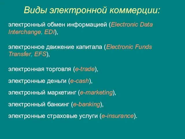 Виды электронной коммерции: электронный обмен информацией (Electroniс Data Interchange, EDI),