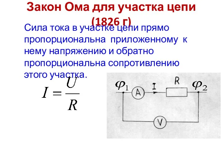 Закон Ома для участка цепи (1826 г) Сила тока в